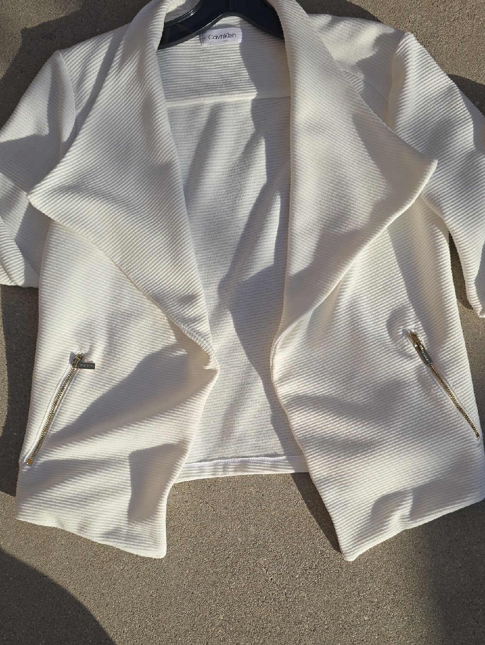 Calvin Klein Women's Cream Draped Open-Front Jacket with Gold Zippers. Size M
